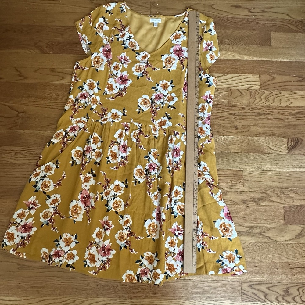 Garnet Hill Midi Dress Womens Sz 14 Mustard Yellow Floral Pockets Short Sleeve - Picture 11 of 13